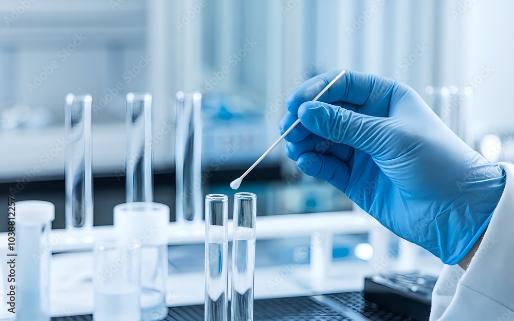 Sample Taker Lab Scientist hand using cotton swab on test tube in laboratory to take ...