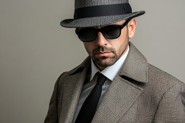 Male detective wearing costume and sunglasses on grey background