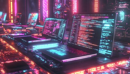 A computer monitor, laptop, and tablet are displayed on a table in a neon-lit room. cyberspace. information technology. AI generated