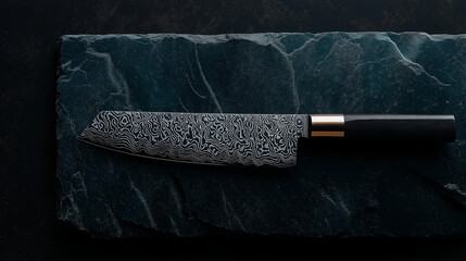macro shot of damascus knife patterns reflecting light, dark stone background