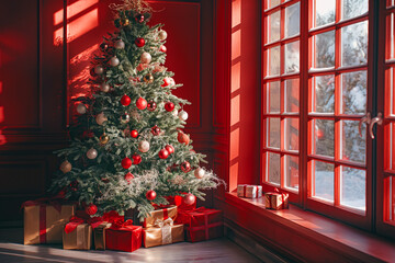christmas tree stands in a red room against the background of a window