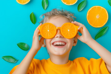 Happy child in orange sunglasses, surrounded by citrus and green leaves on a bright background