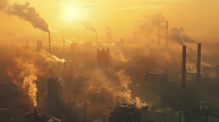 An urban landscape filled with smog and pollution, showcasing the damaging effects of climate change on cities