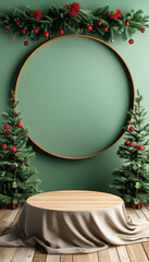 Modern Empty log podium with fibre on wooden table, green wall background, Christmas trees and ornaments, Christmas mock up for design and product display