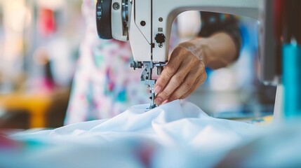 Close-Up of Seamstress's Hands Guiding Fabric on Sewing Machine. Concepts of Tailoring, Craftsmanship, Precision Work, and Textile Artistry