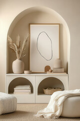 Wall Mural - stylish interior featuring minimalist shelf with decorative elements, including vase with dried plants, framed abstract art piece, and neutral toned accessories. warm, soft colors create cozy