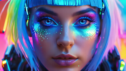 blue haired neon rainbow colourful cyborg woman looking at camera with glowing blue eyes, iridescent mist, fluorescent neon lights glowing, chromatic epic illumination, science fiction, fantasy