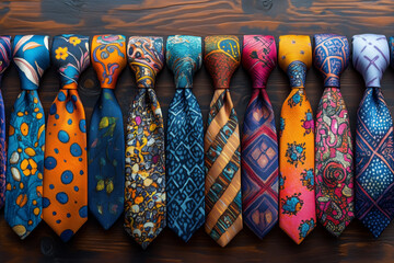 Colorful collection of artistic ties displayed on a rustic wooden surface