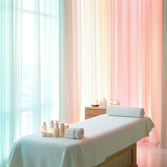 Soft lighting and soothing colors in a spa treatment room, creating a calming ambiance