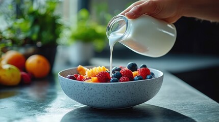 Pouring fresh milk over a colorful bowl of mixed berries at a sunny kitchen table