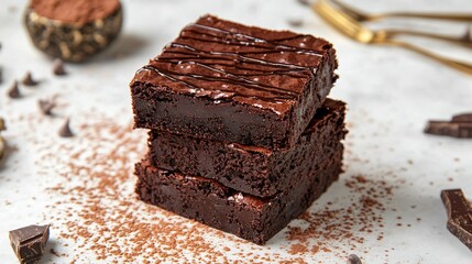 Stacked chocolate brownies with fudge drizzle, isolated on a light stone surface, surrounded by cocoa powder and decorative gold cutlery