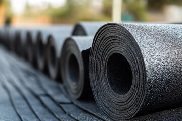 Close up of fresh black roofing material with a blurred backdrop