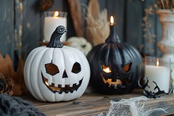 White and Black Jack-O'-Lanterns with Glowing Candles