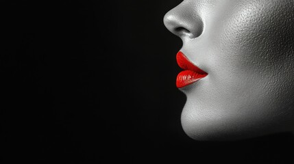 A close-up of a stylized face with a metallic texture and bold red lips against a dark background.