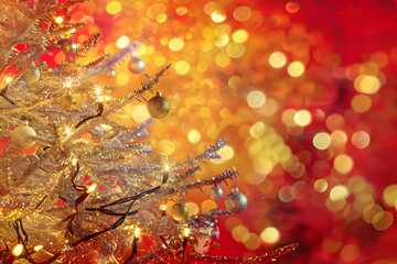 vibrant gold and silver christmas lights illuminate a festive tree on a crimson backdrop