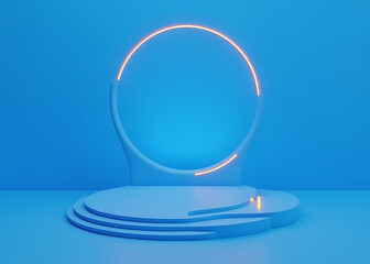 Blue background with minimal product display stand features vibrant orange neon accents in a blue minimalist circle shape.