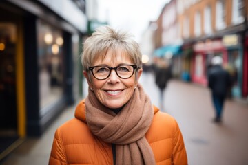 Wall Mural - Portrait of a smiling senior woman wearing glasses and scarf in the city