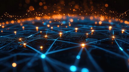 Digital network circuit board is blue and black with glowing lights