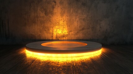 Wall Mural - Glowing Circular Platform on Wood Floor with Concrete Wall, product display, minimal, 3d render, 3d model, mockup