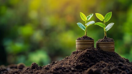 Growth and Prosperity Two Green Saplings Emerging from Stacks of Coins, Close-up Perspective, Soil, Nature Background, Coin Stack, Green Leaves, Growth