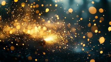 Wall Mural - Sparkling Light Show, Golden Bokeh, Blue Background, Smoke Effect, Sparkler ,fire ,abstract