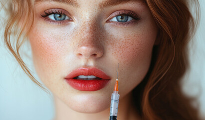 A woman with a red lip and blue eyes is holding a syringe. The syringe is filled with a substance that is being injected into her lips. The woman is getting a lip injection