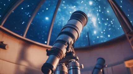 An organized astronomy observatory with telescopes and star charts, Observatory equipment set up for celestial observation, Natural photo of