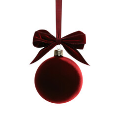 red velvet Christmas ball with ribbon and a bow, isolated on background. Generative AI