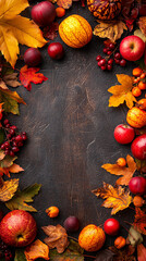 Wall Mural - autumn background with pumpkin, fall leaves and autumn elements. Instagram story with copy space