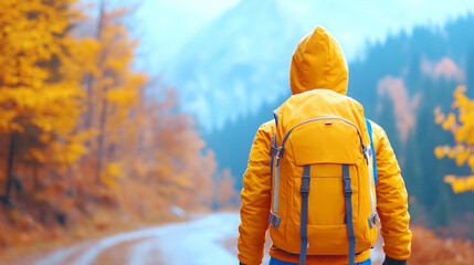Canvas Print - bright yellow jacket worn by a hiker on a winding trail surrounded by autumn colors