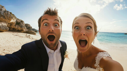 A pair of newlyweds express joyful surprise on a sunny beach, with wide open eyes and smiling faces, perfectly capturing a moment of blissful happiness and love.