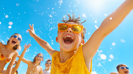 Joyful children playing in the water on a sunny beach day, capturing happiness and friendship