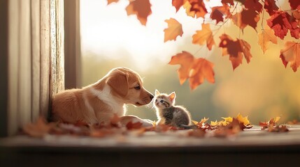 Wall Mural -   A dog and a kitten sit beside each other by a window, surrounded by fallen autumn leaves on the ground below