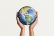 © Natalia - Hands holding a globe with supply routes, interconnected global network, Watercolor style