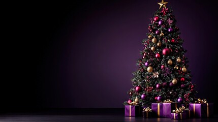   A Christmas tree adorned with presents beneath and a star atop is a stunning combination of purple and gold