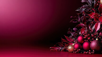   A group of Christmas ornaments adorn the top of a red and pink tablecloth, positioned beside a tree featuring red foliage