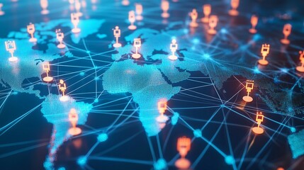 Global Network with Connected Nodes on a Digital World Map