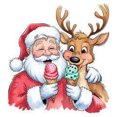 Canvas Print - Santa Enjoys Ice Cream with a Cheerful Reindeer