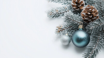 Poster - A blue and silver ornament is surrounded by pine needles and snow