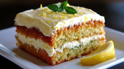   Close-up photo of cake on plate with a slice of lemon