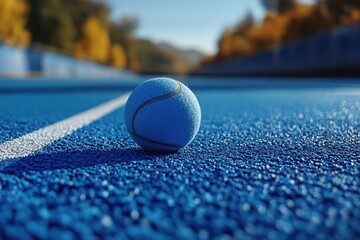 A close-up view of a tennis ball resting on a blue court during a sunny afternoon