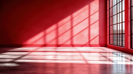   Red-walled room featuring a large window with bars on its sides, set upon a pristine white floor