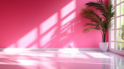  A pink room features a potted plant on its sill and a pink wall with a window pane