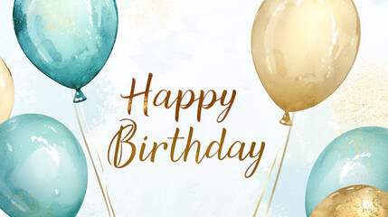 Happy Birthday message with gold and blue balloons on a light blue watercolor background, perfect for festive celebrations and party invitations.