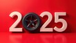 © Ольга Деревяженкова - The red background shows the numbers 2025 and the wheel of the car instead of zero. Suitable for Happy New Year greetings. Car sales. Car repairs. Tire service.