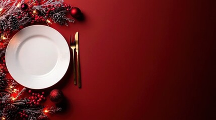   A white plate sits atop a red table, beside silverware and a red-and-white Christmas decoration