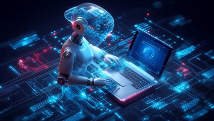 The concept of artificial intelligence AI. Technology for working with an intelligent brain computer. Robot human working at laptop. Maintenance engineer working digital display. Robot programming.