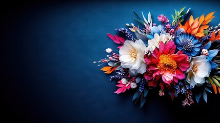   Bouquet of colorful flowers on blue surface