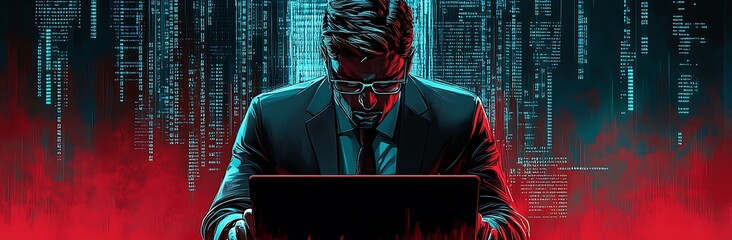 Corporate Hacker sitting at a desk with a laptop in front of him Cyberpunk illustration of business man in suit and glasses digital code background vector art red blue colors Glitching Data Background