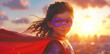 © Nazlykhan - Empowered young superhero girl at sunset with purple mask and red cape